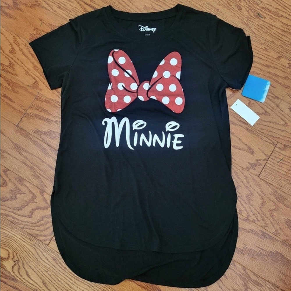 Juniors Disney Minnie Mouse Black Glitter Bow tshirt sz M